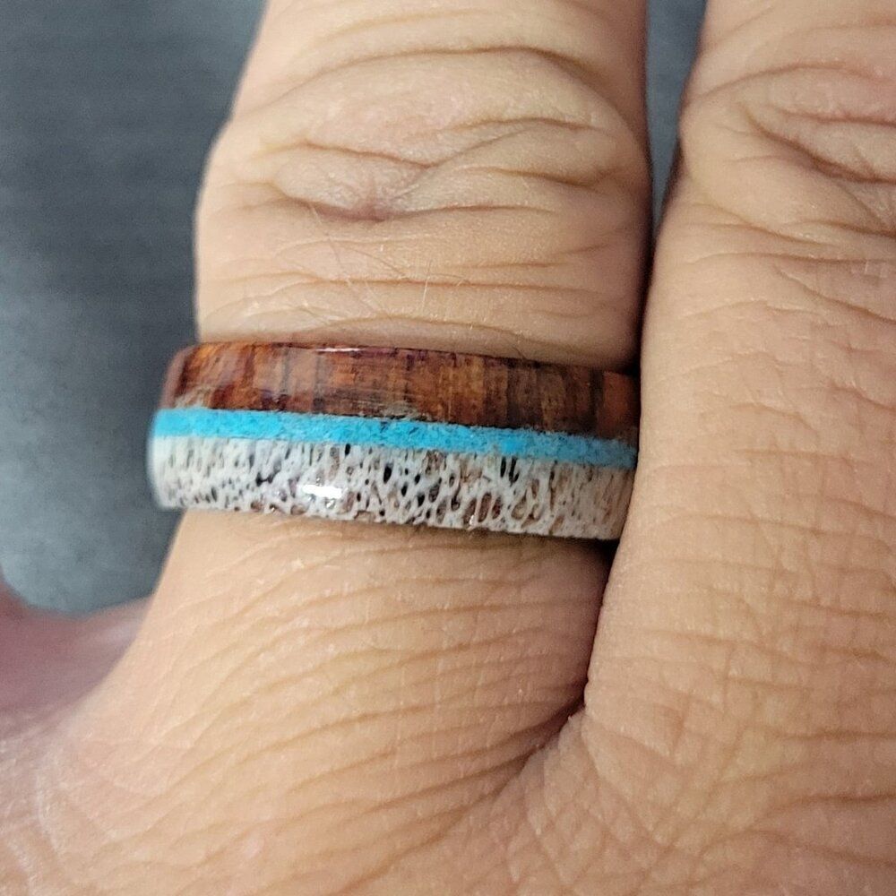 Men's Real Tungsten Wedding Ring With Deer Antler, Turquoise and Wood Onlays - Picture 2 of 4